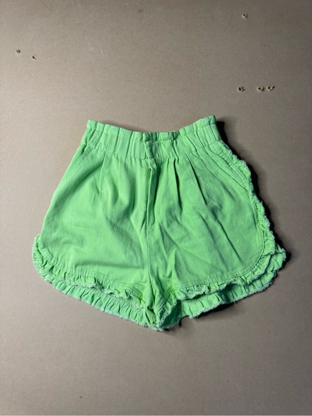Papermoon Lime Green Ruffle Hem Denim Shorts